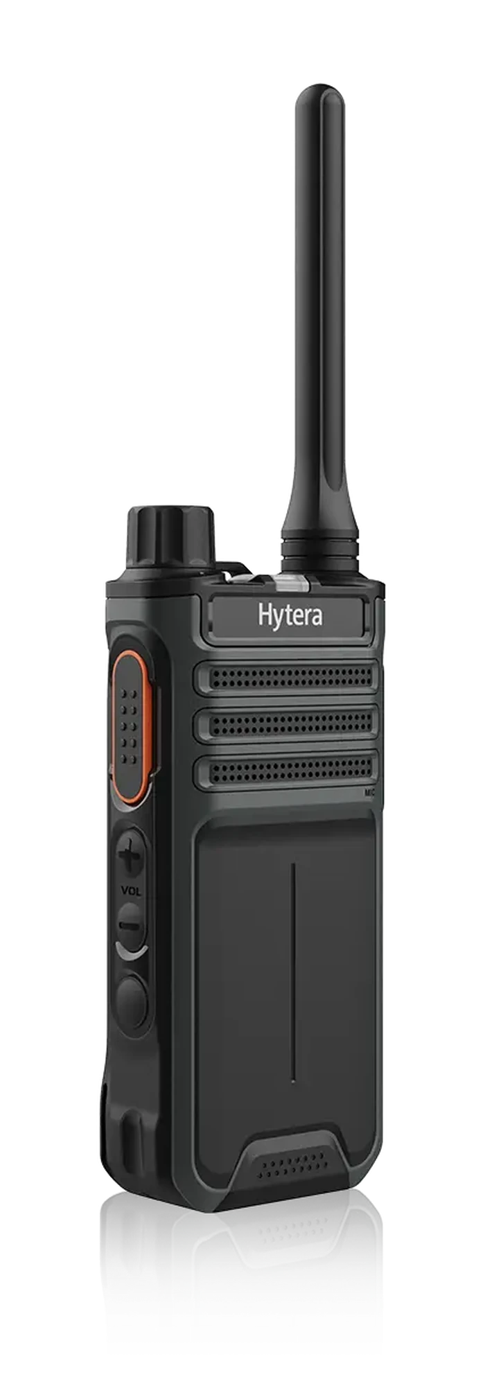 Rádio comunicador portátil Hytera BP516, visto em ângulo