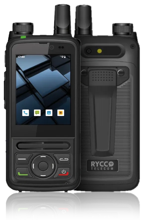 Rádio POC 4G/LTE Estalky E220, com tela touchscreen, e um segundo rádio ao fundo